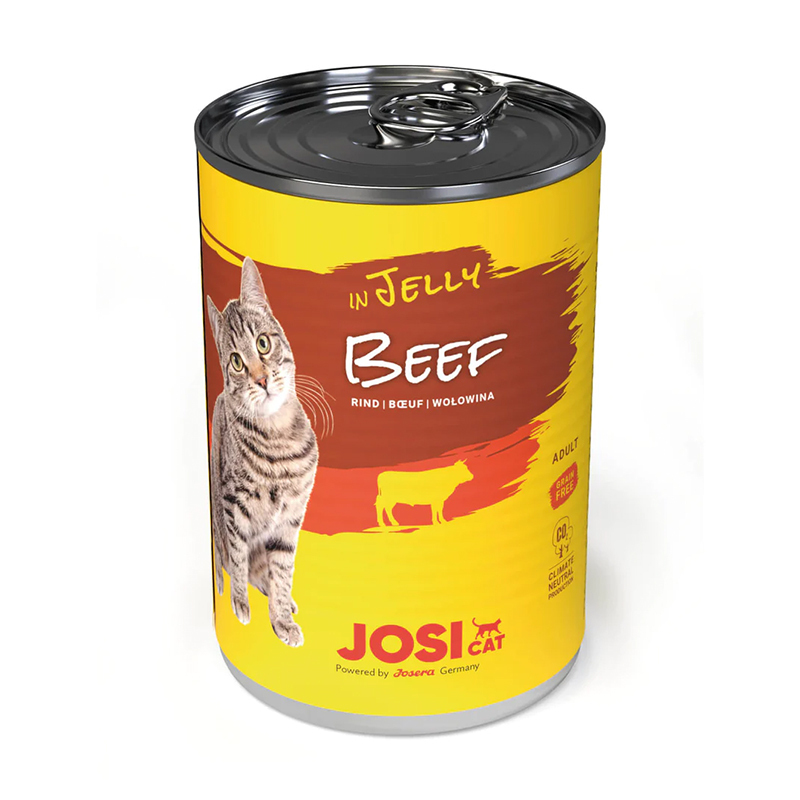  تصویر از بالا کنسرو غذای گربه جوسرا با طعم گوشت گاو Josicat Beef in jelly وزن 400 گرم 