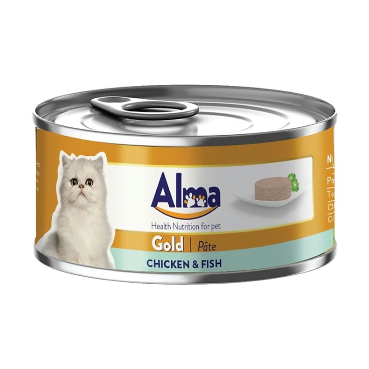 عکس تبلیغاتی بسته بندی کنسرو غذای گربه آلما مدل Gold Chicken & Fish وزن 120 گرم