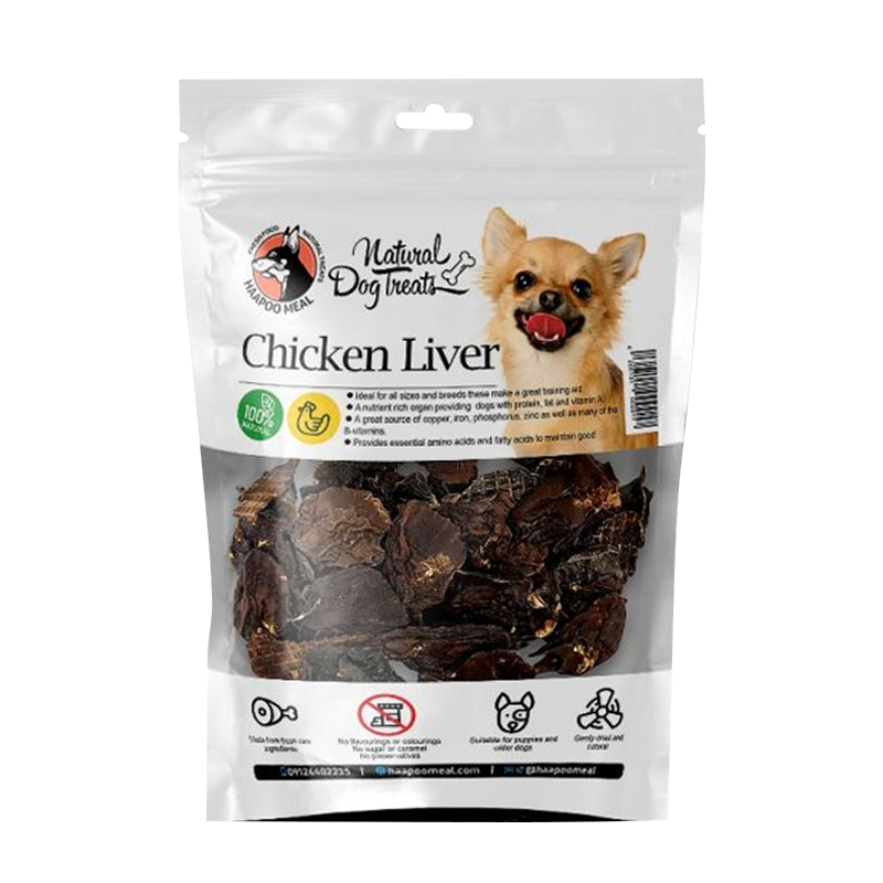  عکس بسته بندی تشویقی سگ هاپومیل مدل Chicken Liver وزن 70 گرم 