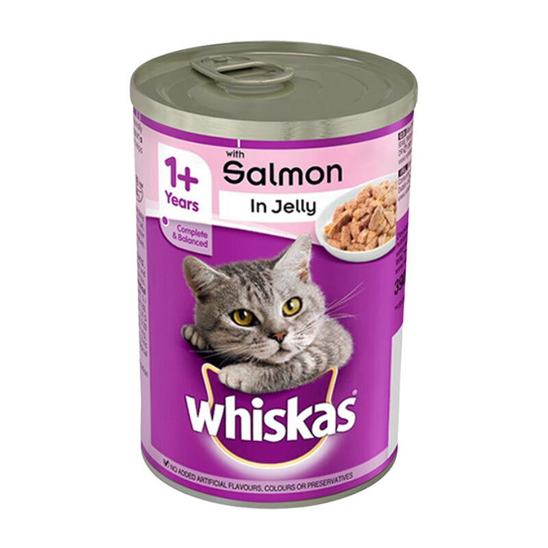  تصویر کنسرو غذای گربه ویسکاس با طعم ماهی سالمون در ژله Whiskas Salmon In Jelly وزن 390 گرم 