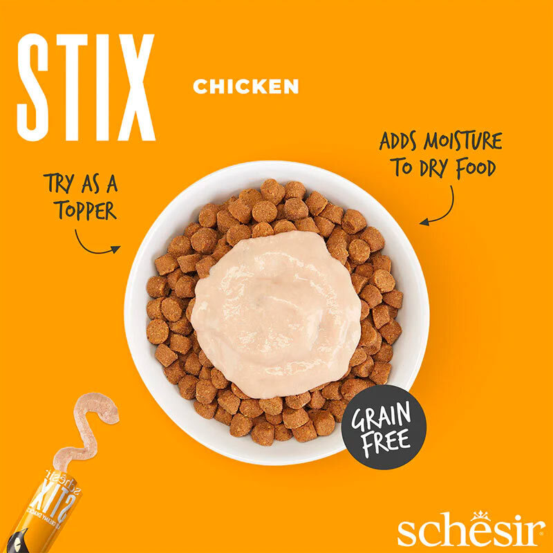  تصویر محتویات بستنی گربه شسیر با طعم مرغ Schesir Stix Chicken Flavour Cream Snacks بسته 6 عددی 
