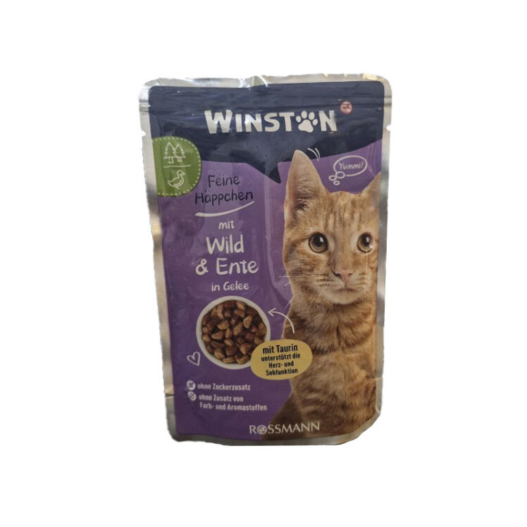 تصویر پوچ گربه وینستون با طعم گوشت شکار و اردک در ژله Winston Game & Duck In Jelly وزن 100 گرم