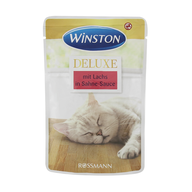  عکس بسته بندی پوچ گربه وینستون مدل Deluxe Salmon in Cream Sauce وزن 85 گرم 