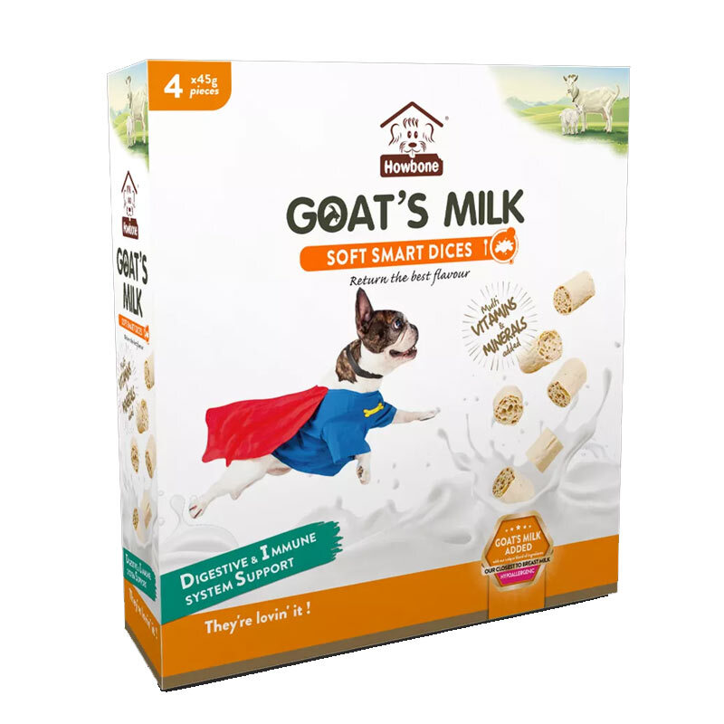  تصویر بسته بندی تشویقی سگ ویتامینه هابون با طعم شیر بز Howbone Goat's Milk Soft Smart Dices Dog Treat بسته 4 عددی 