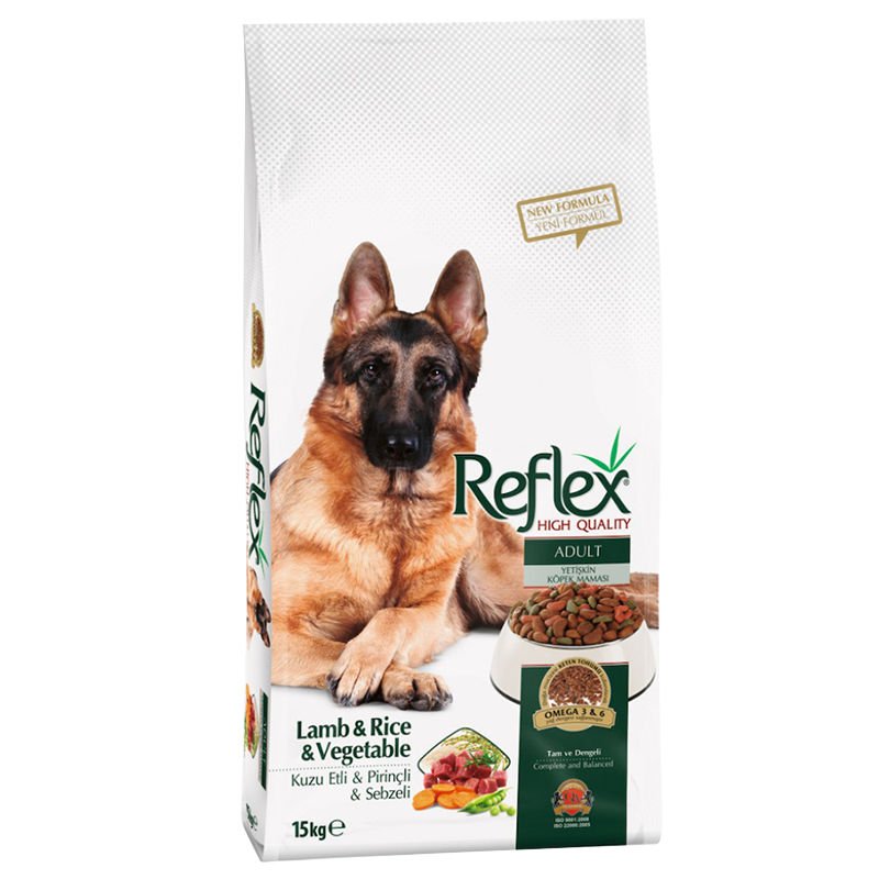  عکس بسته بندی غذای خشک سگ رفلکس مدل Adult Lamb & Rice & Vegetable وزن ۱۵ کیلوگرم 