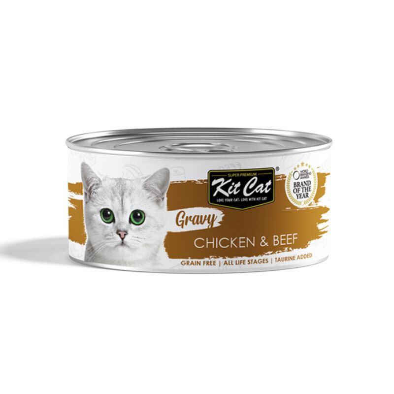  تصویر کنسرو غذای گربه کیت کت با طعم مرغ و گوشت گاو KitCat Chicken & Beef In Gravy وزن 70 گرم 