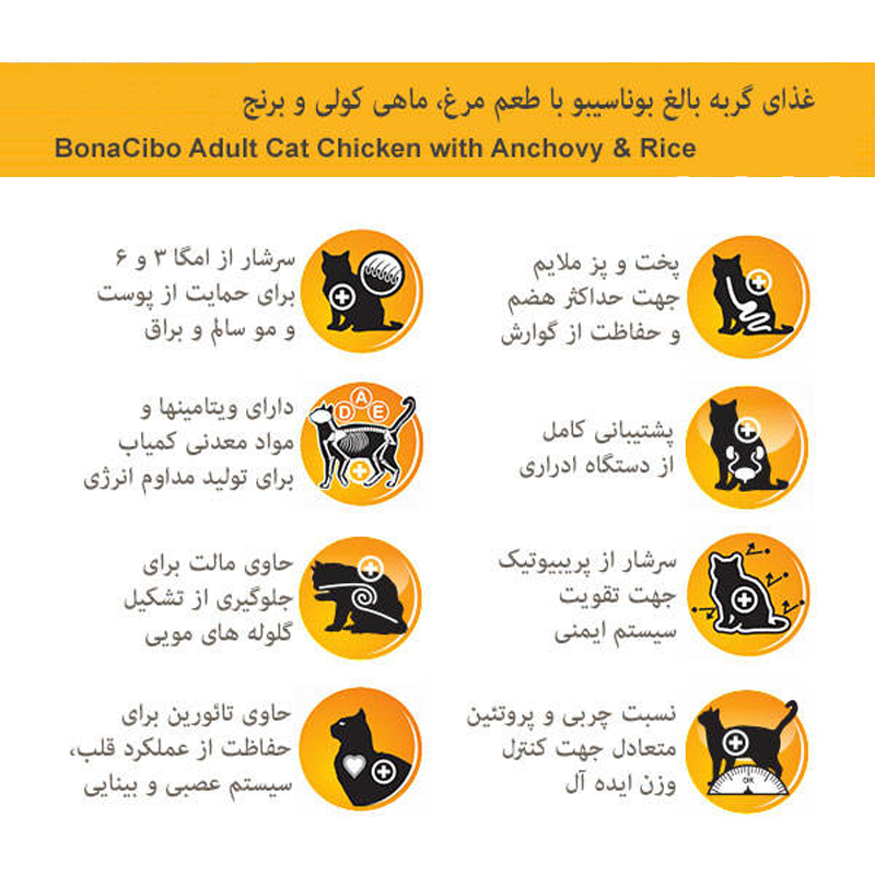  عکس مشخصات غذای خشک گربه بوناسیبو مدل Adult Chicken with Anchovy & Rice وزن 2 کیلوگرم 