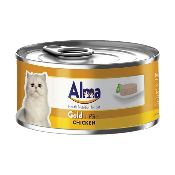 عکس تبلیغاتی بسته بندی کنسرو غذای گربه آلما مدل Gold Chicken وزن 120 گرم 
