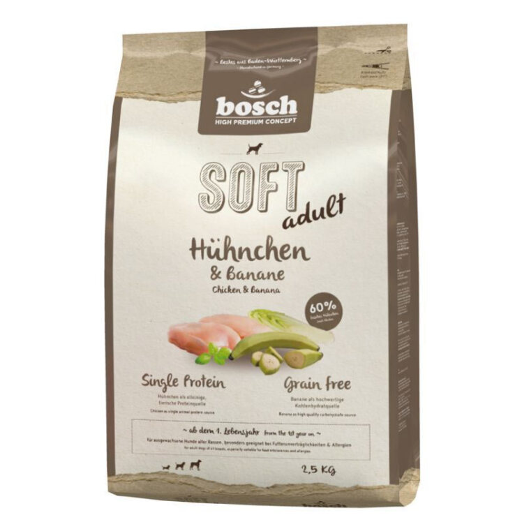 تصویر غذای خشک سگ بالغ بوش با طعم مرغ و موز Bosch Soft Adult With Chicken & Banana وزن 2.5 کیلوگرم