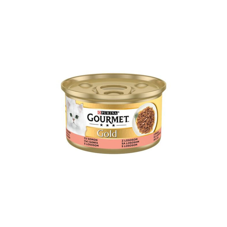 تصویر کنسرو گربه گلد گورمت با طعم فیله ماهی سالمون در سس Gourmet Gold With Salmon وزن 85 گرم