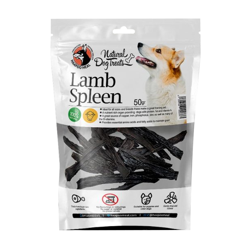  عکس بسته بندی تشویقی سگ هاپومیل مدل Lamb spleen وزن 50 گرم 