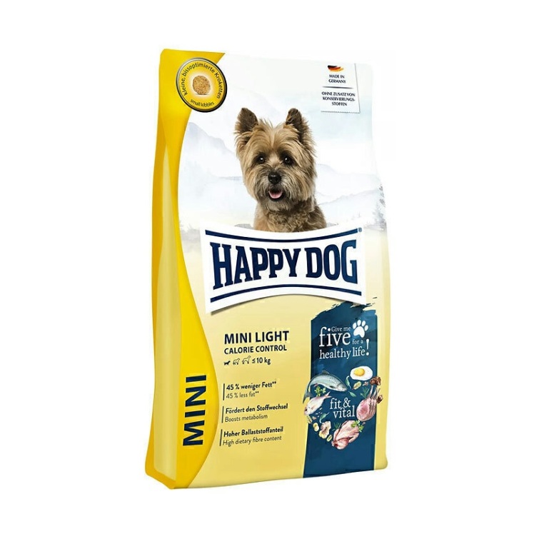 تصویر توضیحات غذای خشک سگ هپی داگ نژاد کوچک طعم گوشت پرندگان و سالمون Happy Dog Mini Light وزن 4 کیلوگرم