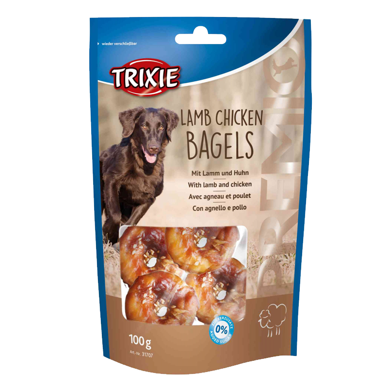  عکس بسته بندی تشویقی سگ تریکسی مدل Lamb Chicken Bagels با طعم بره و مرغ وزن 100 گرم 
