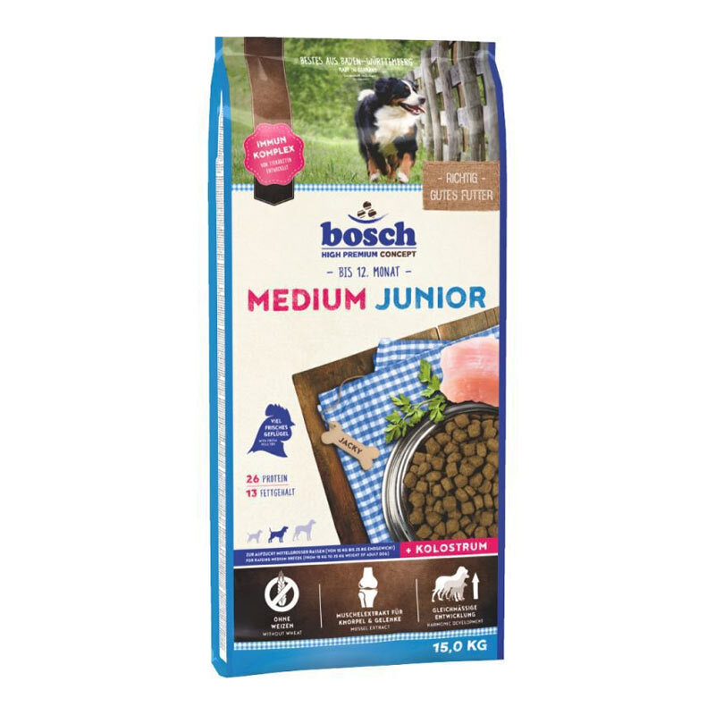  تصویر غذای خشک توله سگ نژاد متوسط بوش با طعم گوشت پرندگان Bosch Medium Junior وزن 3 کیلوگرم 