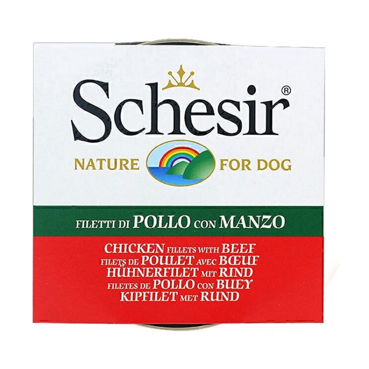 تصویر محتویات کنسرو غذای سگ مرغ و گوشت شسیر Schesir Chicken & Beef in Jelly وزن 85 گرم