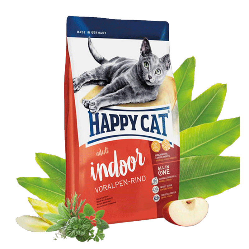  تصویر تبلیغاتی غذای خشک گربه هپی کت مدل Adult Indoor Voralpen-Rind وزن 10 کیلوگرم 