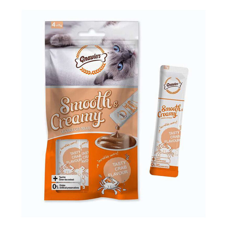عکس بسته بستنی گربه گناولرز حاوی تائورین با طعم خرچنگ Gnawlers Smooth Creamy Cat Treat With Crab Flavour وزن 4*15 گرم