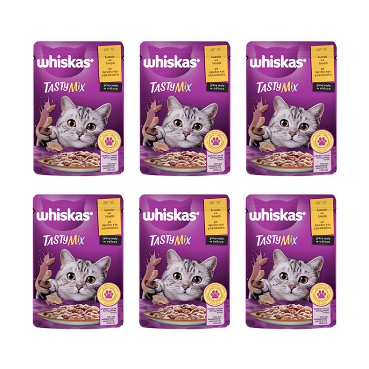 عکس پوچ گربه ویسکاس با طعم میکس بره و بوقلمون در سس Whiskas Tasty Mix With Lamb & Turkey in Gravy وزن 85 گرم از نمای پشت