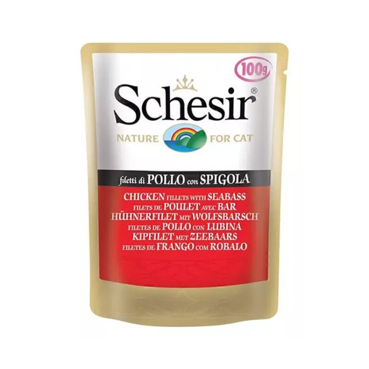 تصویر پوچ گربه شسیر با طعم فیله مرغ و ماهی خاردار در ژله Schesir Chicken Fillets And Sea Bass In Jelly وزن 100 گرم