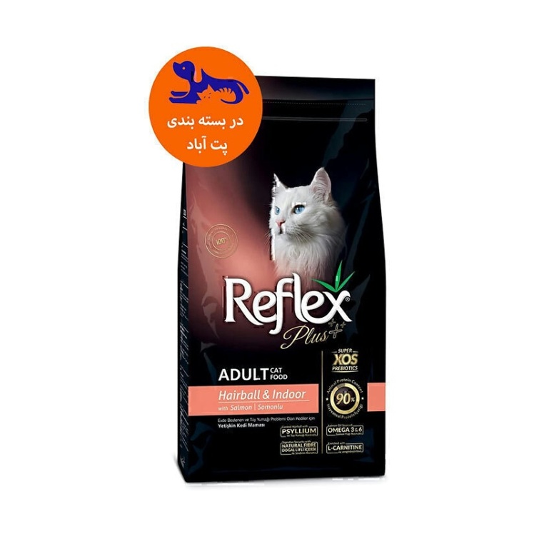 تصویر پشت غذای خشک گربه باطعم سالمون مدل هربال رفلکس پلاس Reflex Plus Hairball & Indoor with Salmon وزن 1 کیلوگرم