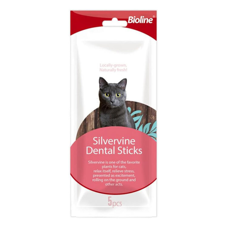 عکس بستهبندی تشویقی دنتال گربه بایولاین Bioline Silvervine Dental Sticks بسته 5 عددی