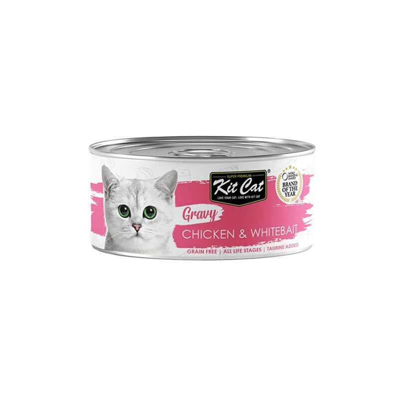  تصویر کنسرو غذای گربه کیت کت با طعم مرغ و بچه ماهی KitCat Chicken & Whitebait In Gravy وزن 70 گرم 
