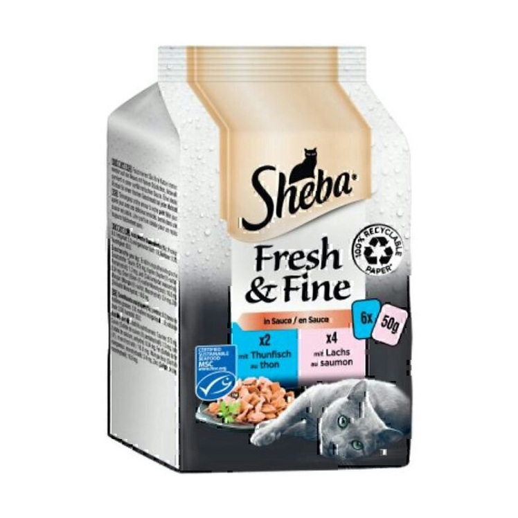 تصویر محتویات پوچ گربه با طعم ماهی تن و سالمون در سس شیبا Sheba Tuna & Salmon In Sauce Pack بسته 6 عددی