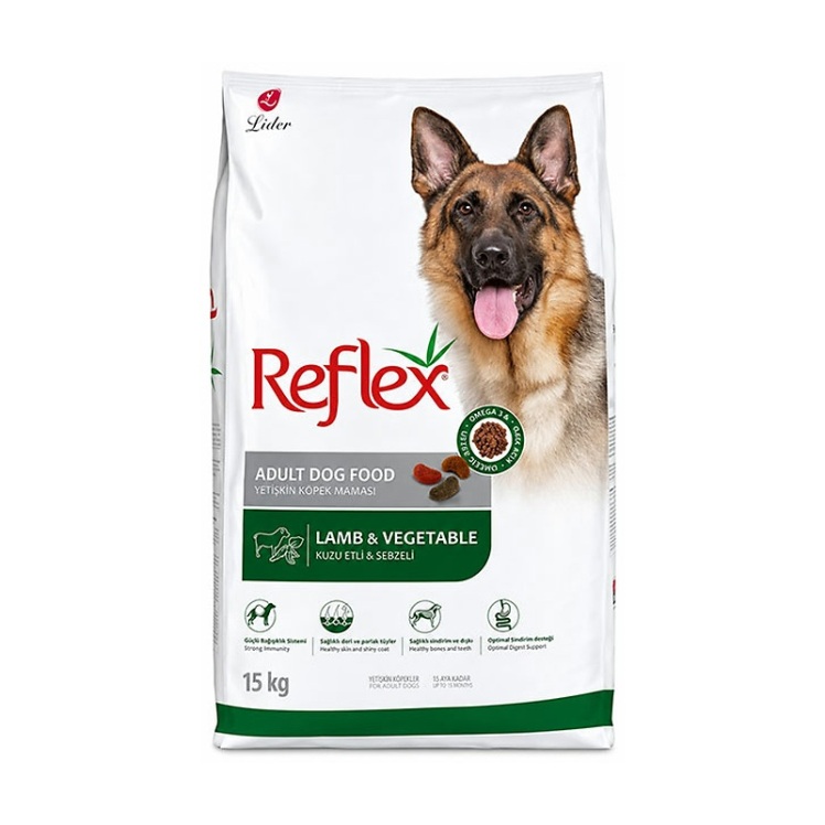 تصویر محتویات غذای خشک سگ بالغ با طعم گوشت بره، برنج و سبزیجات رفلکس Reflex Adult Lamb & Rice & Vegetable وزن ۱۵ کیلوگرم