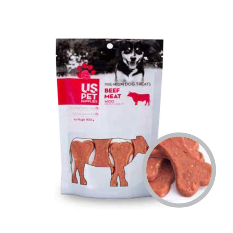 تصویر تشویقی سگ گوشت و بادام زمینی استخوانی شکل یو اس پت وزن 100 گرم