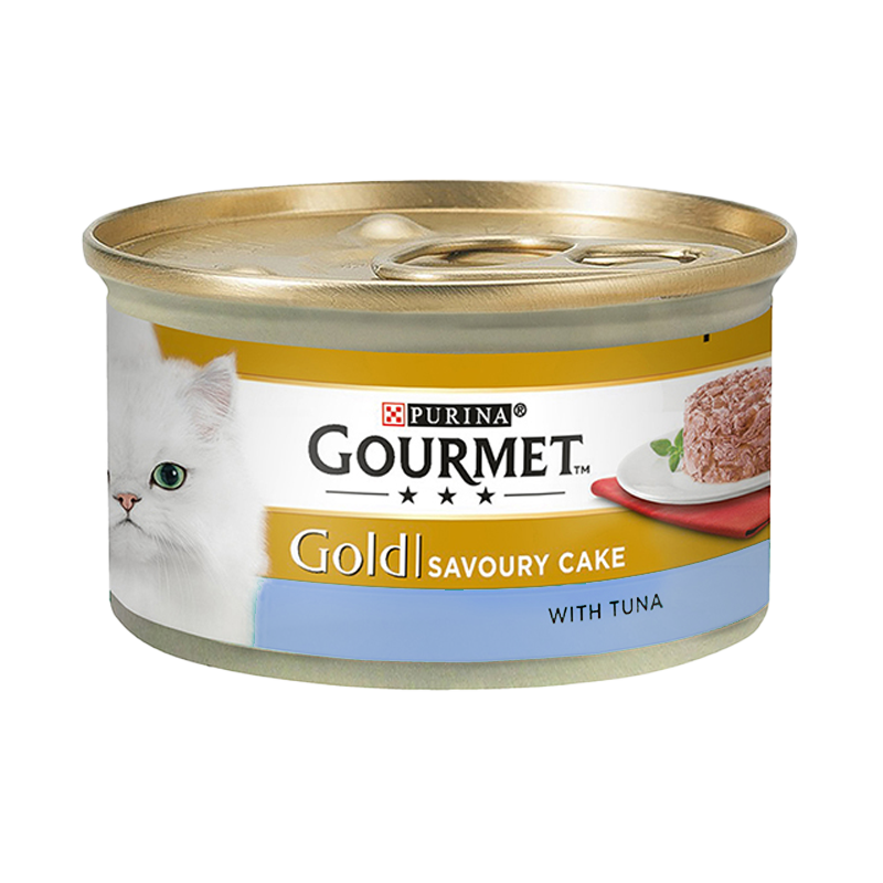  عکس بسته بندی کنسرو غذای گربه گورمت مدل Gold Tuna Savoury Cake وزن ۸۵ گرم 