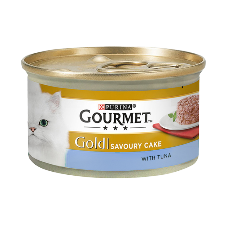 عکس بسته بندی کنسرو غذای گربه گورمت مدل Gold Tuna Savoury Cake وزن ۸۵ گرم