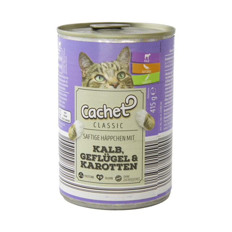 کنسرو غذای گربه کچت با طعم گوشت گوساله و مرغ و هویج Cachet Veal & Poultry & Carrots وزن 415 گرم 