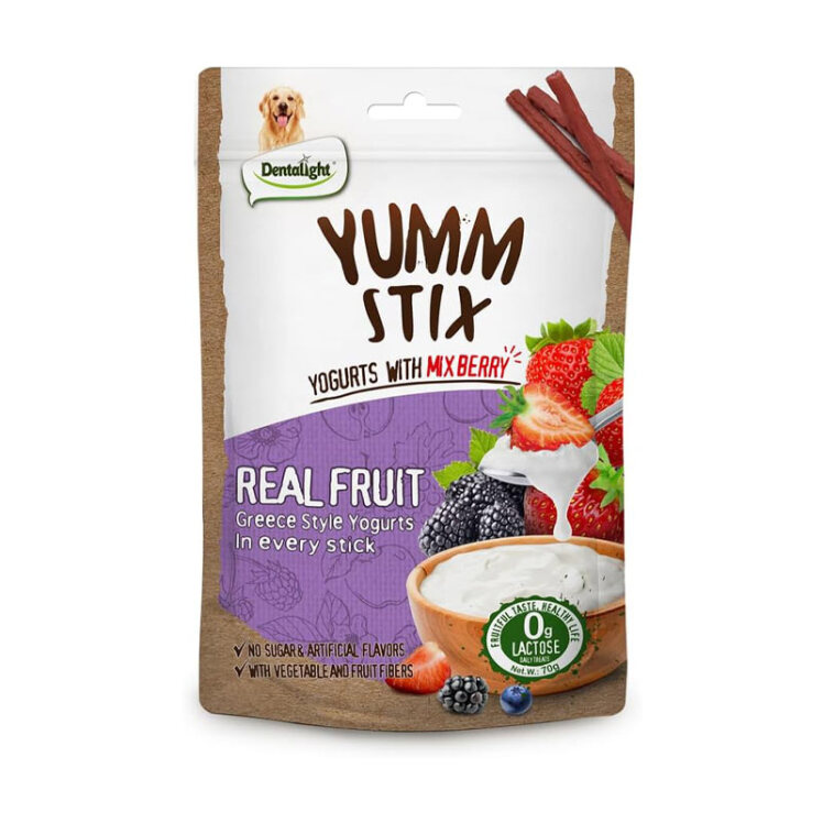 تصویر تشویقی سگ یام استیکس دنتالایت با طعم ماست با میکس بری ها Dentalight Dog Treat Yogurts With Mix Berry وزن 70 گرم