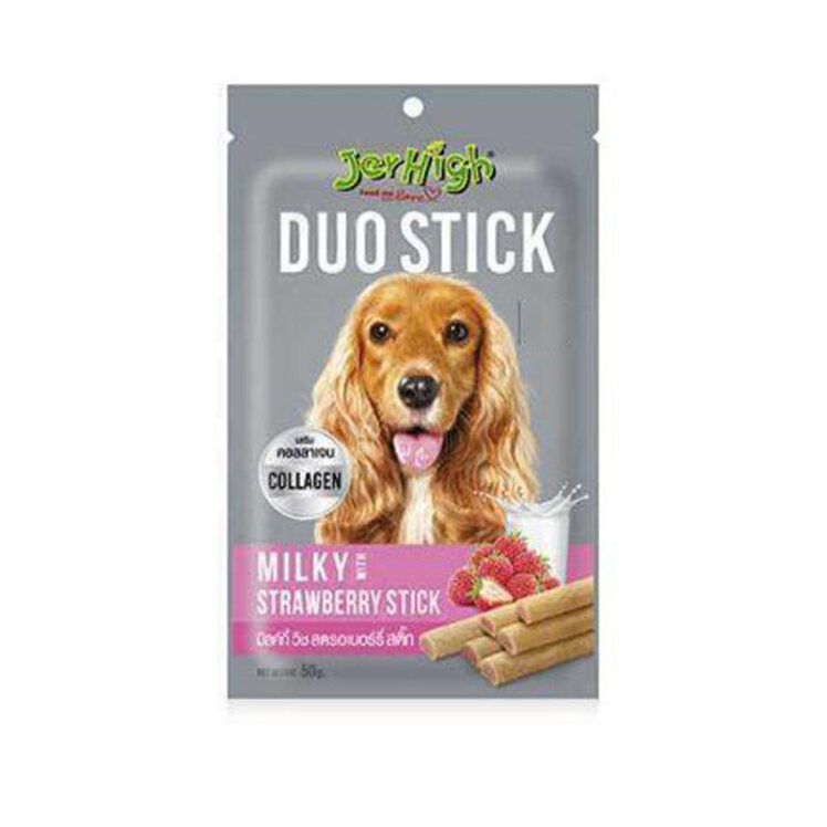 تصویر تشویقی سگ جرهای مغز دار با طعم شیر و توت فرنگی Jerhigh Milky & Strawberry وزن 50 گرم