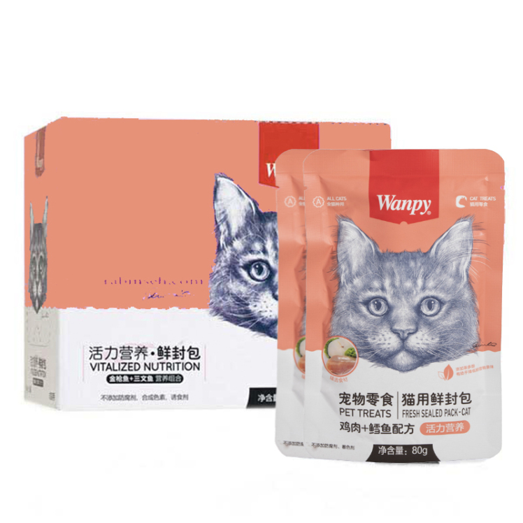 عکس روی بسته بندی پوچ گربه ونپی مدل Chicken & Cod Fish وزن ۸۰ گرم