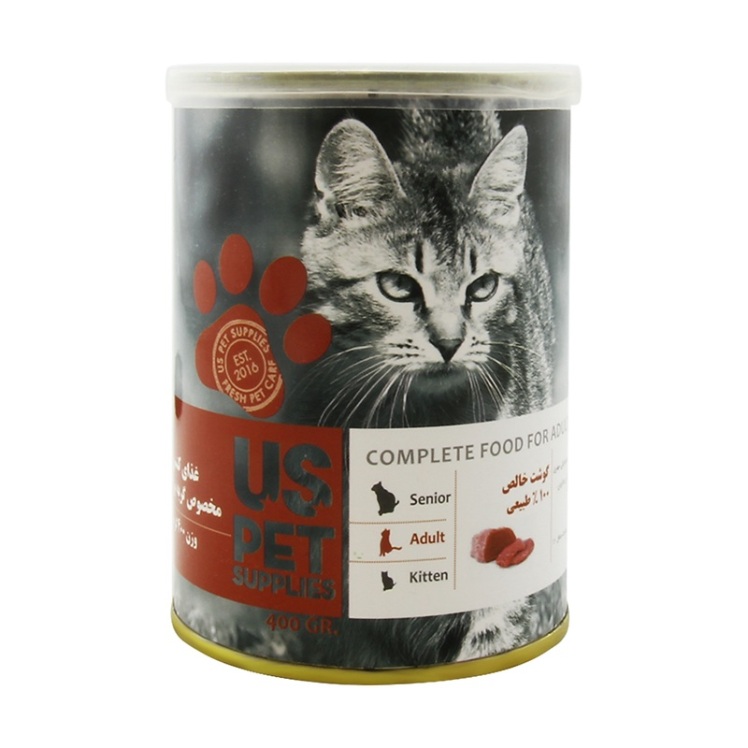 تصویر پشت کنسرو غذای گربه یو اس پت با طعم گوشت گاو خالص UsPet Canned Food With Pure Beef وزن 400 گرم
