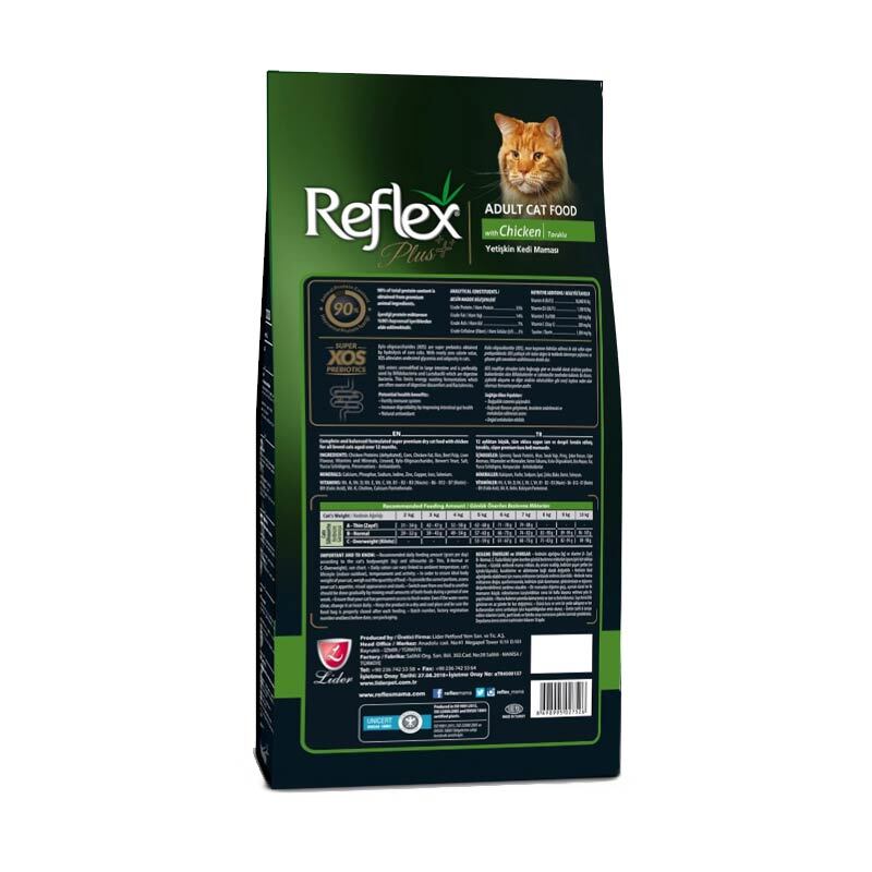  تصویر پشت بسته بندی غذای خشک گربه رفلکس پلاس مدل Adult Chicken وزن 1 کیلوگرم 