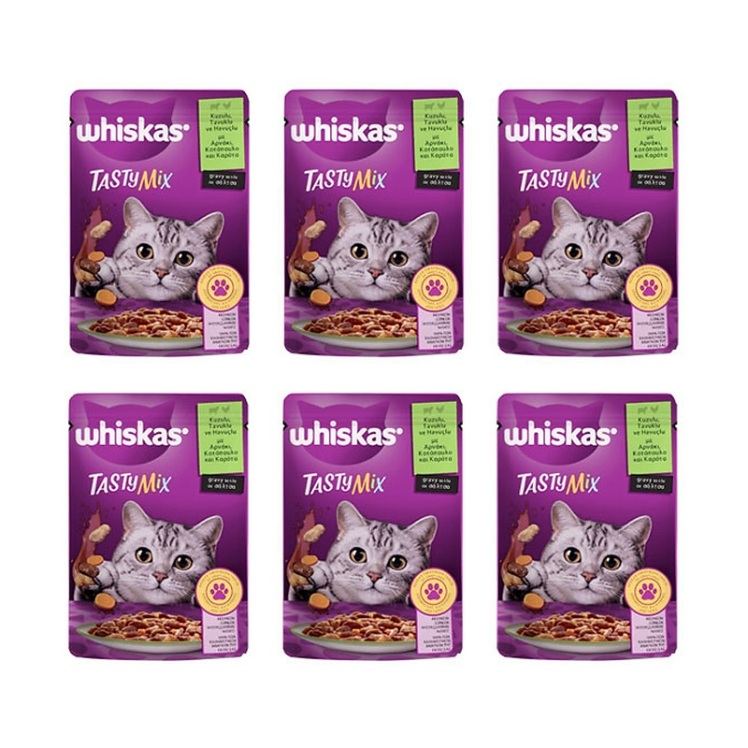 عکس پوچ گربه ویسکاس با طعم میکس بره و مرغ در سس Whiskas Tasty Mix With Lamb & Chicken in Gravy وزن 85 گرم از نمای جلو