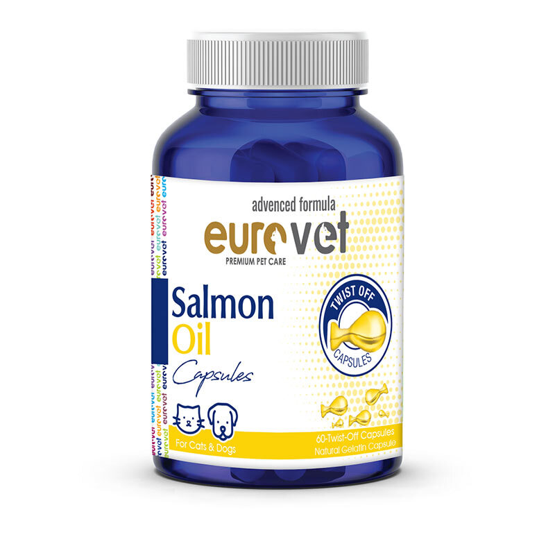  عکس بسته‌بندی قرص روغن ماهی سالمون حیوانات یورووت Eurovet Salmon Oil بسته 60 عددی 