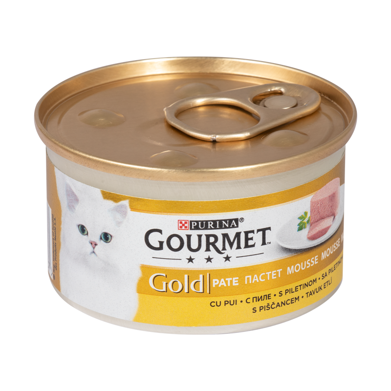  عکس تبلیغاتی بسته بندی کنسرو غذای گربه گورمت مدل Gold Chicken وزن ۸۵ گرم 