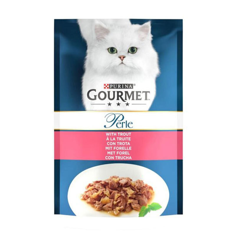  تصویر پوچ گربه بالغ گورمت با طعم ماهی قزل‌آلا Gourmet Cat Pouch with Trout وزن 85 گرم 