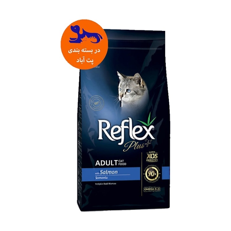 عکس پشت بسته بندی غذای خشک گربه بالغ با طعم ماهی سالمون رفلکس پلاس Reflex Plus Adult Salmon وزن 15 کیلوگرم