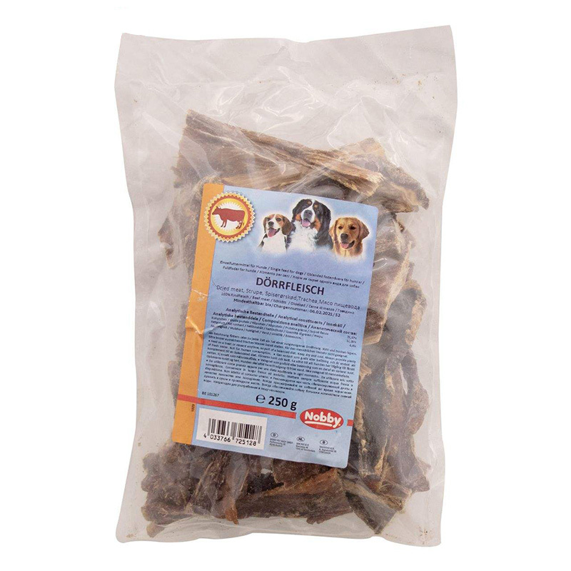  عکس پشت بسته بندی تشویقی سگ نوبی مدل Dried Meat وزن 250 گرم 