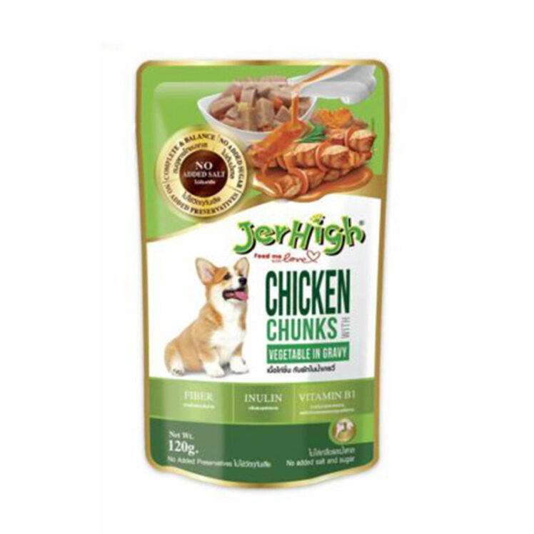 تصویر پوچ سگ جرهای با طعم مرغ و سبزیجات JerHigh Chicken And Vegetable Chunks In Gravy وزن 120 گرم