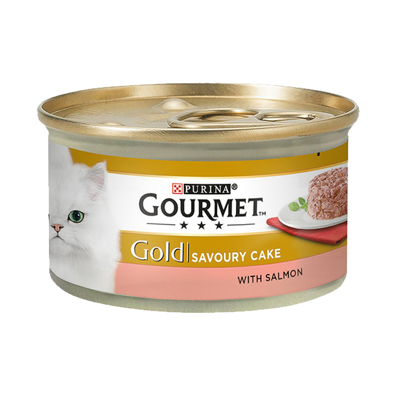  عکس بسته بندی کنسرو غذای گربه گورمت مدل Gold Salmon Savoury Cake وزن ۸۵ گرم 