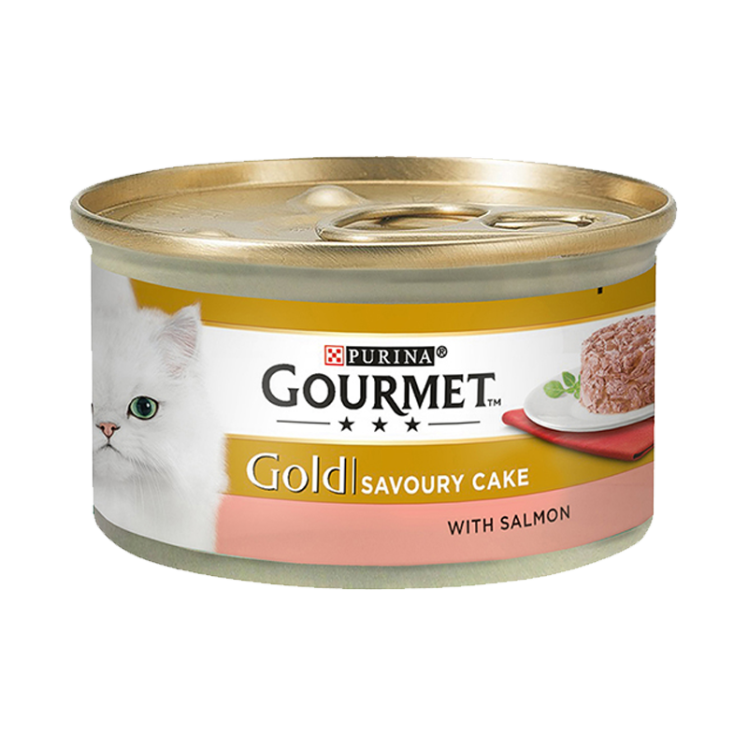 عکس بسته بندی کنسرو غذای گربه گورمت مدل Gold Salmon Savoury Cake وزن ۸۵ گرم