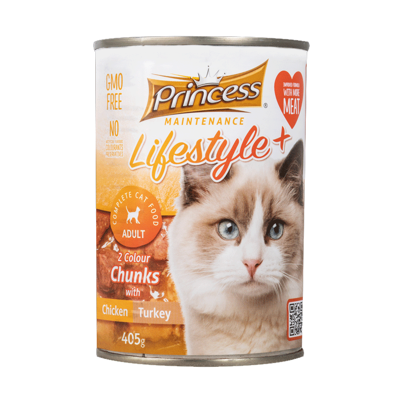  تصویر کنسرو غذای گربه پرینسس مدل LifeStyle+ Chicken & Turkey وزن ۴۰۵ گرم 