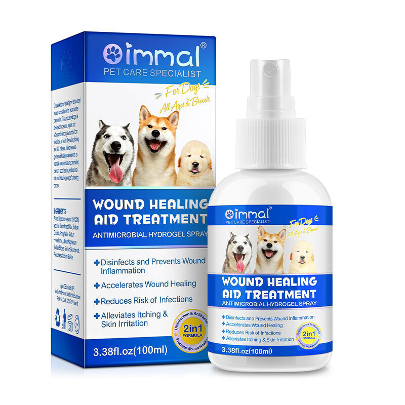  عکس بسته‌بندی اسپری التیام بخش زخم سگ اویمال Oimmal Wound Healing Aid Treatment Spray حجم 100 میلی‌لیتر 