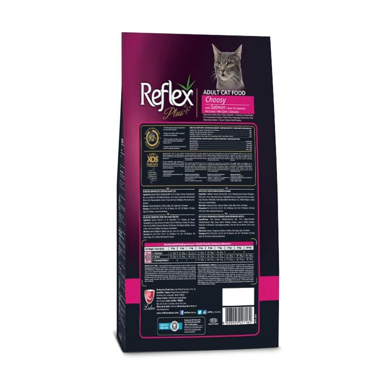  عکس پشت بسته بندی غذای خشک گربه رفلکس پلاس مدل Reflex Plus Choosy with Salmon وزن 1.5 کیلوگرم 