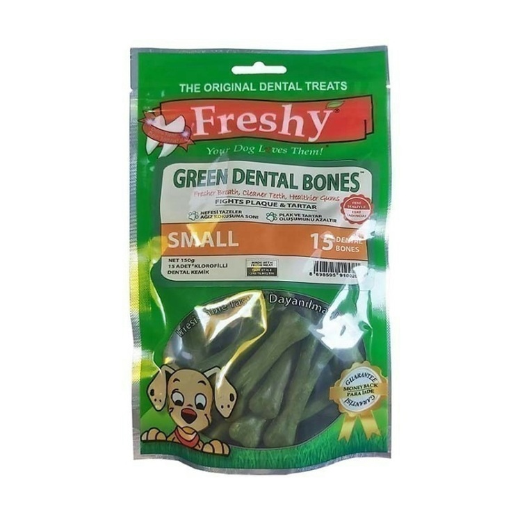 عکس جزییات و محتویات تشویقی استخوانی سگ فرشی Freshy Green Dental Bones بسته 15 عددی
